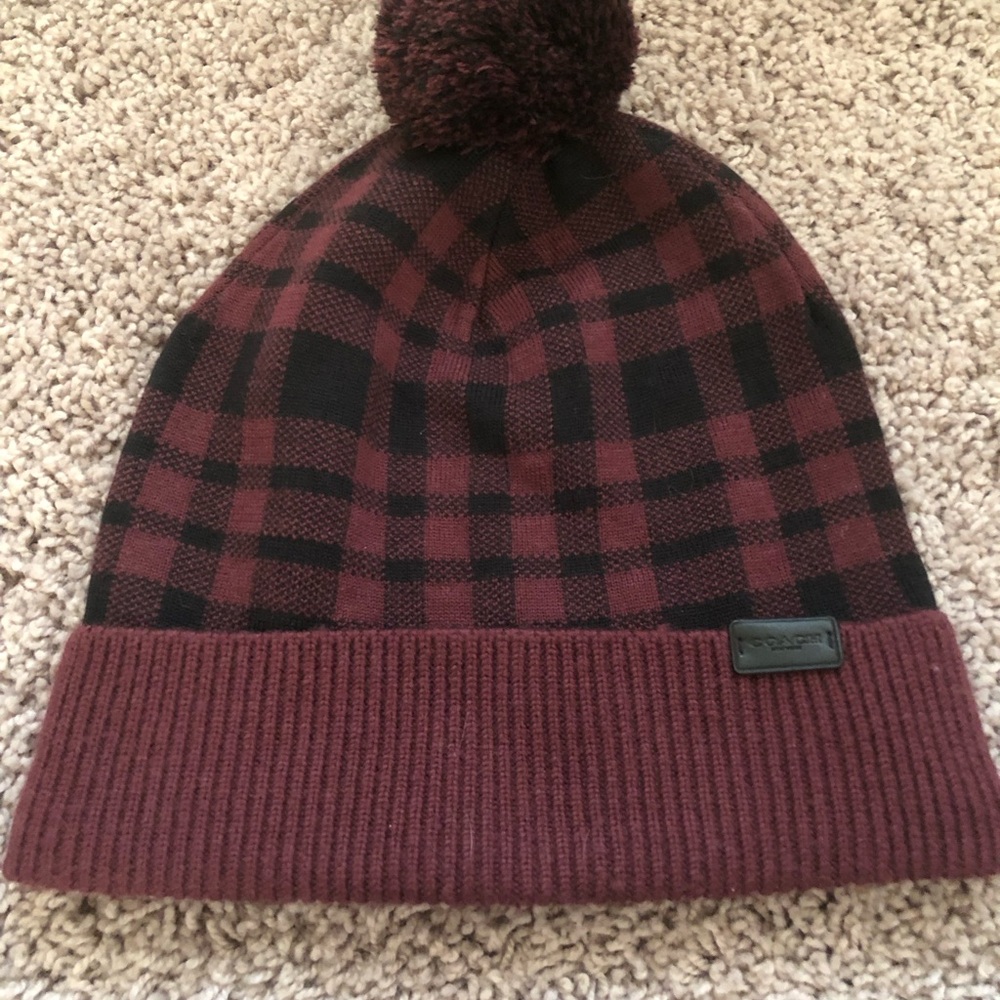Coach Brand-Plaid Knit Beanie - Burgundy and Black